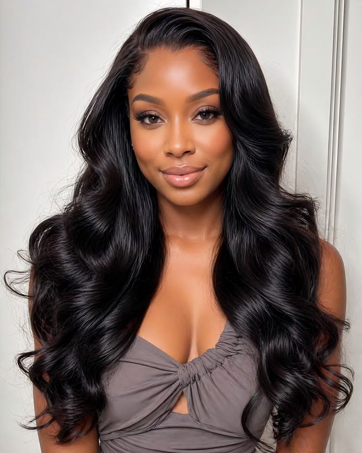 Long, glossy black waves styled with a swept part